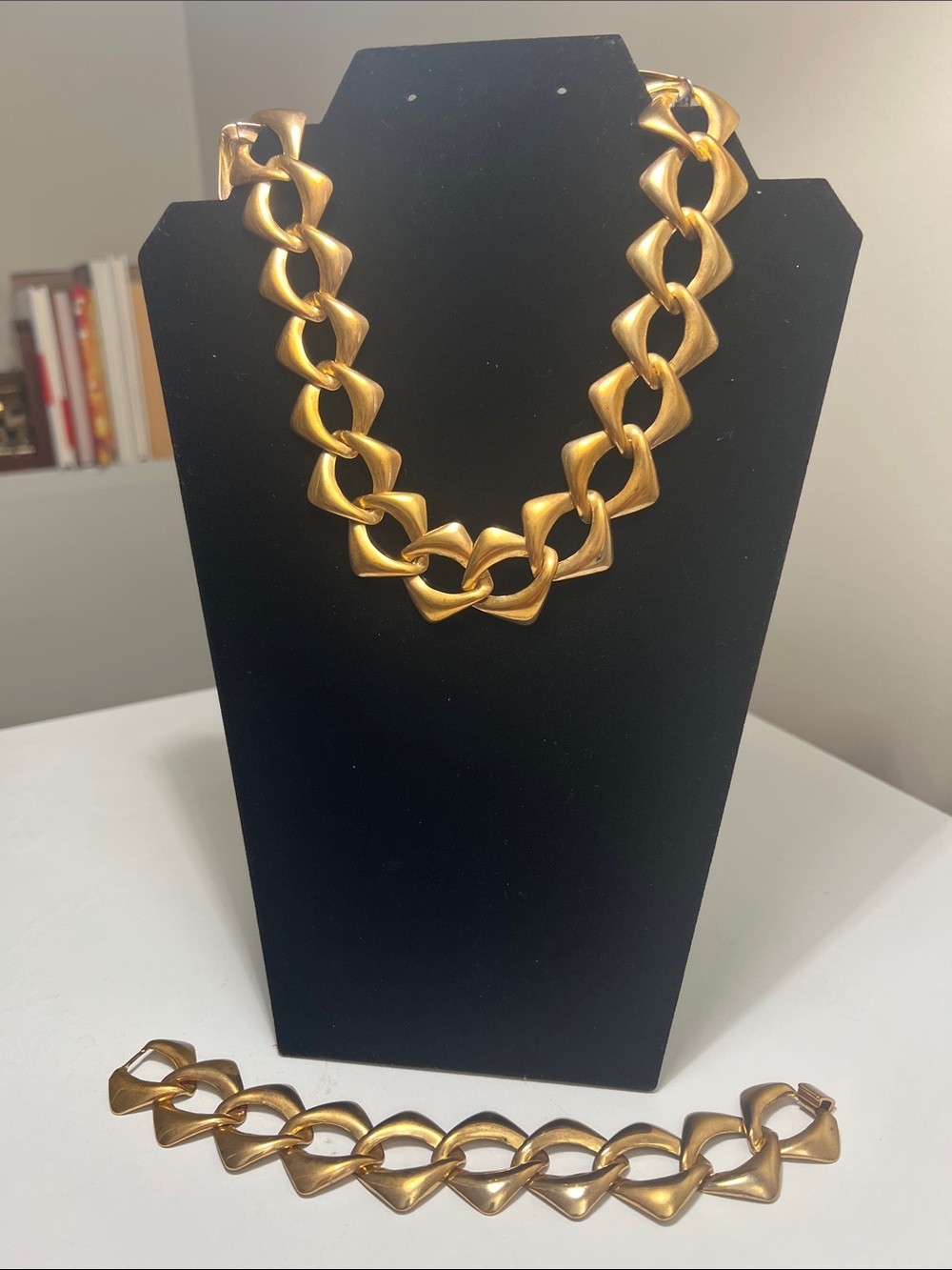 Chunky Gold-Tone Linked Statement Necklace and Bracelet Set - Estate Vintage